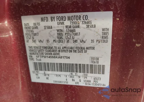 2006 Ford F-150 Fx4/Lariat/Xlt from USA, damaged, VIN 1FTPW14566KA81754